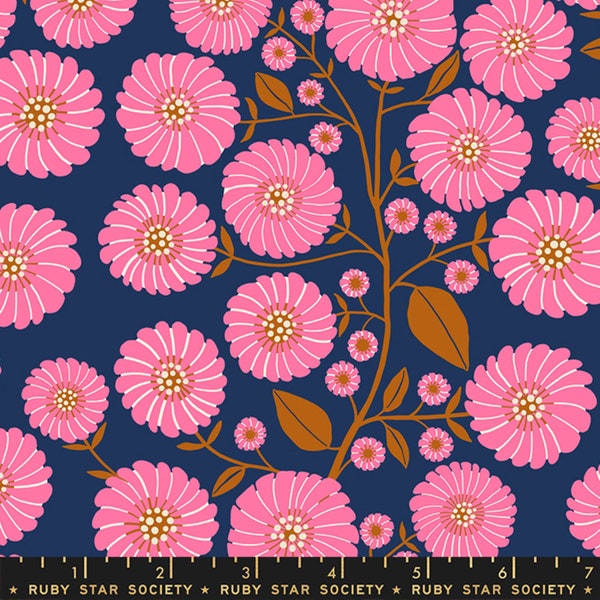 Ruby Star Floradora by Jen Hewett RS6019 17 Navy. Cotton Fabric.  Bold Pink Flowers on Navy Background. 44 inch Wide Quilters Cotton. Retro