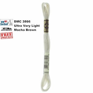 May include: DMC 3866 Ultra Very Light Mocha Brown embroidery floss, a skein of light beige thread with a brown label that says DMC 25 and 3866.