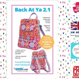 May include: A colourful floral print mini backpack with adjustable straps, a padded handle, and a magnetic flap on the front pocket. The backpack is travel-friendly and perfect for carrying small items. The image includes the text "Back At Ya 2.1" and "Travel-friendly mini backpack by annie.com...what's in your bag?"