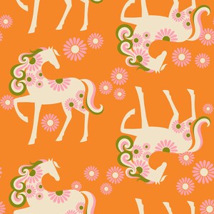 May include: A seamless pattern featuring stylised white horses with pink and green floral designs on an orange background.