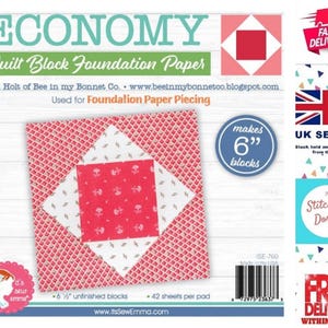 May include: A sheet of foundation paper piecing for quilting, with a red and white quilt block design. The paper is labeled "Economy Quilt Block Foundation Paper" and "makes 6" blocks".