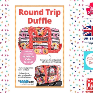 May include: A colourful round trip duffel bag with a black and white striped pattern and floral accents. The bag has a trolley sleeve, comfy handles, and a padded adjustable carrying strap. The bag is shown with a £5 add-on video tutorial coupon.