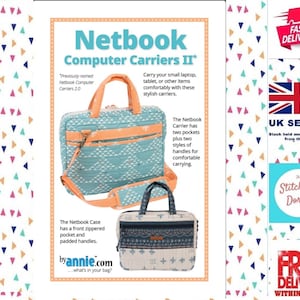 May include: A sewing pattern for a teal and orange laptop carrier with a front zippered pocket and padded handles. The pattern is called "Netbook Computer Carriers II" and is by Annie.com.