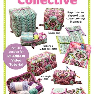 May include: A collection of quilted fabric bags in various shapes and sizes, including square, rectangular, and snap cases with pink, green, and teal paisley patterns. The image displays the text Cubicle Collective, Includes 12 fun projects, and Bonus! Snap cases use leftover quilted fabrics.