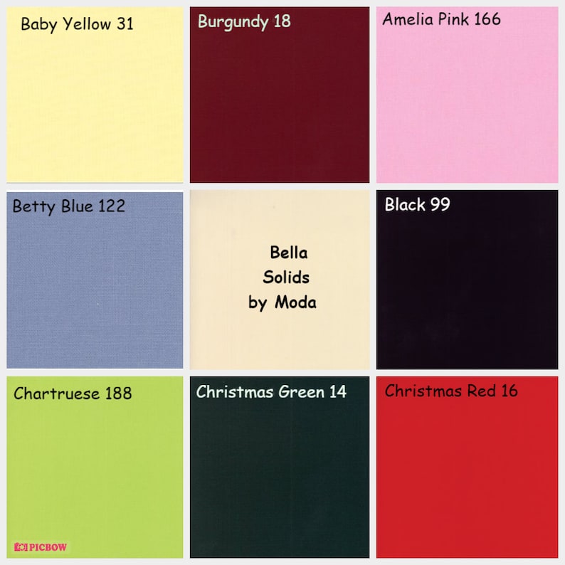 May include: A color chart with nine fabric swatches, each with a different color and a name and number. The colors include baby yellow, burgundy, Amelia pink, Betty blue, black, chartruese, Christmas green, and Christmas red.