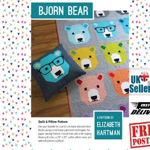 Op de afbeelding: Een quiltpatroon met een kleurrijk patchwork-ontwerp van beren gezichten met brillen. Het patroon bevat instructies voor het maken van een quilt en een kussenhoes van 50 cm. Het patroon is van Elizabeth Hartman.