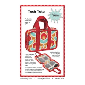 May include: A quilted Tech Tote bag with red handles and a multi-colored floral pattern in red, teal, and tan. The image shows the closed bag and an open view revealing four interior mesh pockets for organizing various small digital accessories.