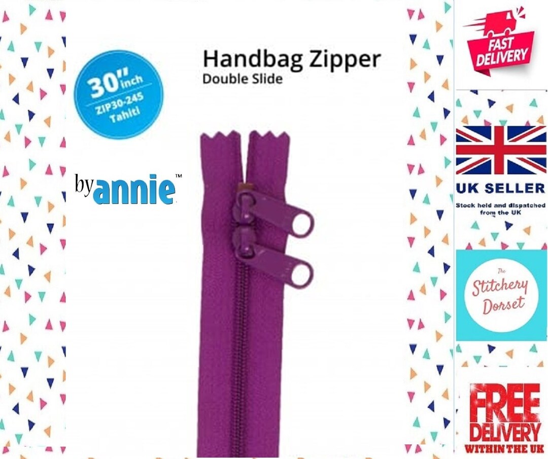 ZIP Tahiti 245 Byannie Double Slide Handbag Zipper 30. Can Be Cut to Size, Wide Fabric Edges