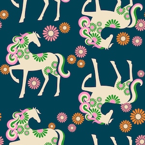 May include: A seamless pattern featuring white horses with pink and green floral designs on a dark blue background. The horses are in various poses, some standing and some lying down. The flowers are a mix of pink, green, and orange.