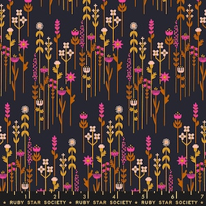 Può includere: Un tessuto blu scuro con un motivo ripetitivo di fiori stilizzati in tonalità di rosa, giallo e arancio. I fiori sono disposti in file verticali, creando un senso di movimento e profondità.