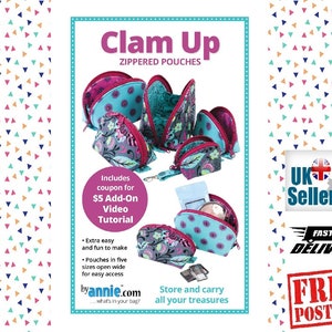 Op de afbeelding: Een naaipatroon voor het maken van ritszakjes genaamd "Clam Up". Het patroon bevat instructies voor het maken van vijf verschillende maten zakjes, allemaal met een schelpvormig ontwerp. Het patroon bevat ook een coupon voor een video-zelfstudie van € 5.