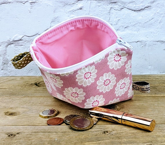 Pink Floral Blue Mini Clutch Bag Purse, Organic Cotton 