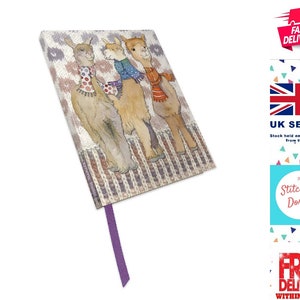 May include: A notebook with a watercolour illustration of three alpacas wearing scarves. The notebook has a purple ribbon bookmark and a knitted pattern background. The alpacas are in shades of brown and tan.