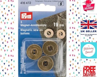 Prym, Magnetic Sew On Buttons, Antique Brass, 19mm. 416 472. 3 Sets of Magnetic Sew On Buttons for Bag Making or Sewing Projects