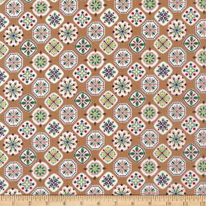 May include: A brown fabric with a repeating pattern of white, pink, green, blue, and red geometric shapes. The fabric has a subtle texture.