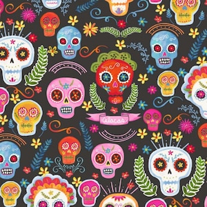 May include: A colourful pattern of sugar skulls with floral accents on a black background. The skulls are decorated with bright colours, including pink, blue, yellow, orange, and green. The text "Calacos" is written in a banner at the bottom of the image.