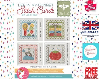 Bee In My Bonnet Stitch Cards by Lori Holt SET Z. Cross Stitch Patterns by Lori Holt and Its Sew Emma. Co Ordinates with Farm Girl Quilts