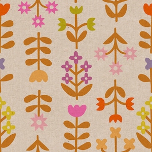 May include: A seamless pattern featuring stylized flowers in various colours, including orange, pink, purple, and yellow, on a beige background.