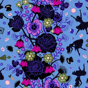 May include: A whimsical pattern on a light blue background featuring black silhouettes of figures, flowers in shades of pink, purple, and green, and other decorative elements. The design evokes a fairytale or fantasy theme.