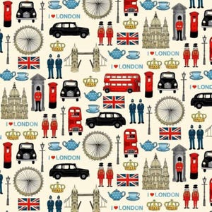 May include: A repeating pattern featuring iconic London imagery. Includes red double-decker buses, black cabs, the Union Jack flag, crowns, and the London Eye. The phrase "I London" is also present, along with images of guards and teacups.