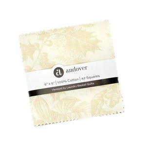May include: A stack of 42 cream-coloured, 12.7cm x 12.7cm cotton fabric squares with a floral pattern. The fabric is from Andover, and the label reads "Vermont by Laundry Basket Quilts."