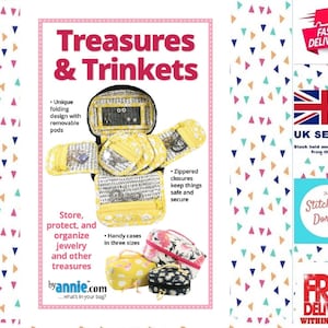 May include: A yellow and black fabric jewelry organizer with removable pods and zippered closures. The organizer is open to show the interior compartments and three smaller cases. The text "Treasures & Trinkets" is at the top of the image.