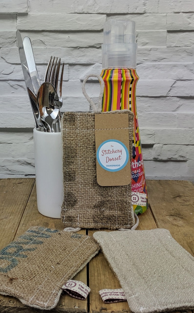 Eco Friendly Repurposed Coffee Sack NoSponge Scourer Hessian Front and Scrim Back with Organic Bamboo Core