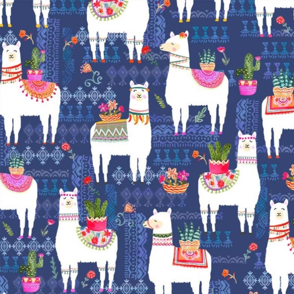 La Llama Fabric from La Vida Loca Range by Michael Miller. Navy MMCX9416 Beautiful cotton fabric for quilting patchwork and sewing projects.