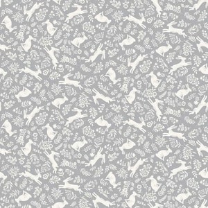 May include: A seamless pattern featuring white silhouettes of rabbits hopping through a field of white flowers and leaves on a grey background.