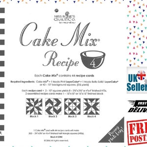 Puede incluir: Un bloc de papel blanco titulado Miss Rosie's Quilt Co. Cake Mix Recipe 4, con un borde a cuadros blanco y negro, un gráfico de un tazón para mezclar e instrucciones para 44 tarjetas de recetas. Muestra cuatro diagramas de bloques de edredón.