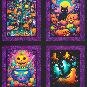 May include: Four Halloween-themed fabric panels with purple borders. The panels feature colourful illustrations of pumpkins, skulls, ghosts, and a black cat. The artwork has a vibrant, cartoonish style, ideal for seasonal crafts and decorations.