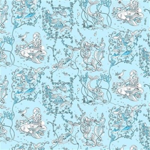 May include: Pale blue fabric featuring a repeating pattern of mermaids, fish, and aquatic plants. The mermaids are drawn with long hair and holding birds. The design has a whimsical, underwater theme.
