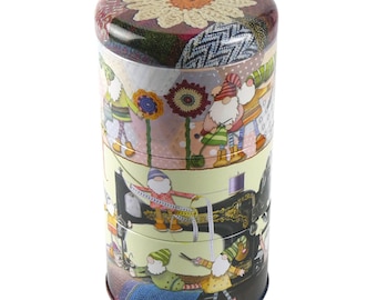Emma Ball Crafting Gnomes Tall Stacker Tin. Measures 160mm height x 85mm width and separates into 3 usable sections. Gnomes & sewing machine