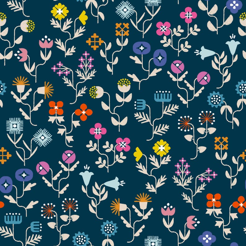 May include: A repeating pattern of stylized flowers in various colors, including yellow, pink, orange, and blue, on a dark teal background. The floral design features simple shapes and white stems, creating a whimsical and decorative look.
