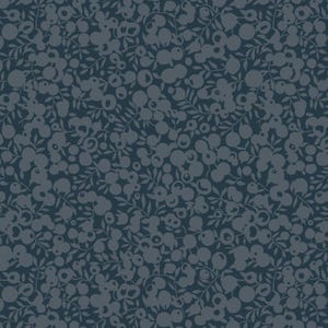 May include: A seamless pattern featuring a dark blue background with a repeating design of light blue stylized flowers and leaves.