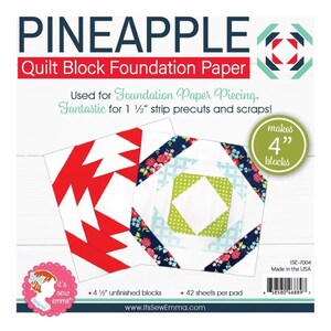 May include: A package of Pineapple Quilt Block Foundation Paper, used for foundation paper piecing. The package features two sample quilt blocks, one in red and white and the other in blue, green, and white. The package is labeled "makes 4" blocks and includes 42 sheets per pad.