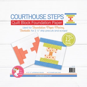 May include: Courthouse Steps Quilt Block Foundation Paper, a pack of 42 sheets that makes 12 12-inch quilt blocks. The paper is used for foundation paper piecing and is ideal for 2 1/2 inch strip precuts and scraps. The image shows two sample quilt blocks, one in shades of orange and white, and the other in shades of blue, green, and yellow.