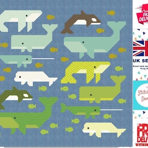 Whale Watching Elizabeth Hartman Small Quilt and Large Quilt Pattern no.EH-087. Instructions to make Large Quilt, Small Quilt & Pillow.