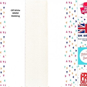 May include: Off-white 40mm webbing ribbon. The ribbon is shown against a white background with a colourful confetti pattern.