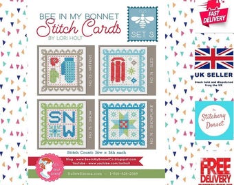 Bee In My Bonnet Stitch Cards Lori Holt SET S. Cross Stitch Patterns Its Sew Emma Gloves Sledge Snow Snowflake Cross Stitch. 3.5" square