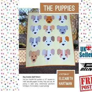The Puppies Elizabeth Hartman Quilt and Pillow Pattern no.EH-057. Instructions to make Pillow, Small Quilt and Large Quilt. Puppy Dog Quilt