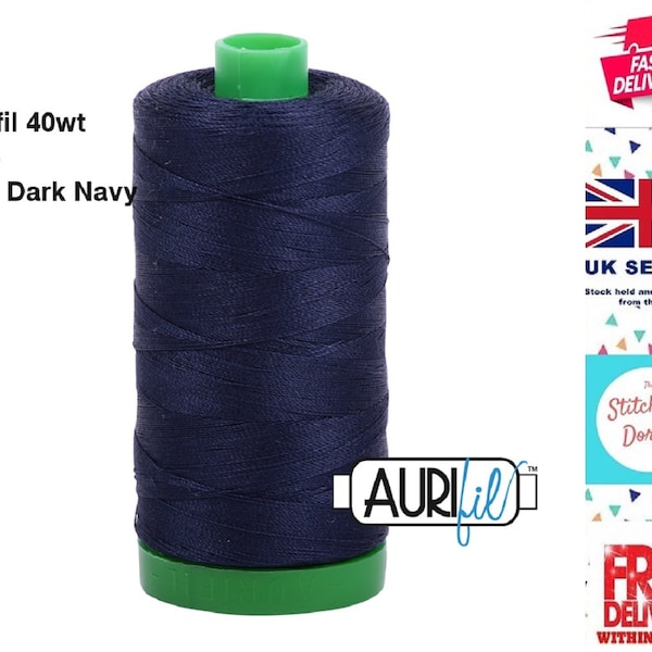 Aurifil 40wt 2785 Bleu marine très foncé, fil 100% coton (Mako, coton égyptien). Grande bobine de 1 093 yards ou 1 000 m. Fabriqué à Milan, Italie