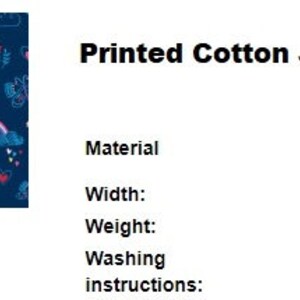May include: A blue cotton jersey fabric with a colorful print of rainbows, clouds, hearts, and flowers. The fabric is 95% cotton and 5% spandex/Lycra, 150 cm wide, and weighs 220 sqm. Washing instructions include machine wash at 30 degrees Celsius, do not bleach, iron at low temperature, do not dry clean, and tumble dry low.