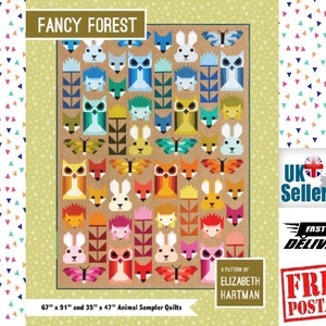 Può includere: Un modello di quilting chiamato "Fancy Forest" con un design colorato di gufi, volpi, farfalle e conigli. Il modello è di Elizabeth Hartman e include istruzioni per realizzare due dimensioni di quilting: 67 pollici per 91 pollici e 35 pollici per 47 pollici.