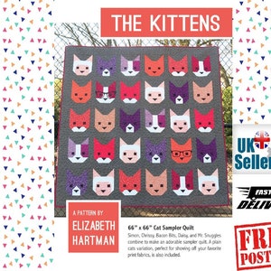 Könnte beinhalten: Ein Quiltmuster mit einer Auswahl an bunten Katzen mit verschiedenen Gesichtsausdrücken. Der Quilt ist 66 Zoll mal 66 Zoll groß und trägt den Titel "The Kittens". Das Muster stammt von Elizabeth Hartman.