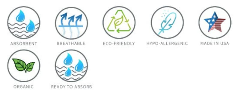 Puede incluir: Un conjunto de nueve iconos que representan diferentes caracter&iacute;sticas del producto, incluyendo absorbente, transpirable, ecol&oacute;gico, hipoalerg&eacute;nico, hecho en los Estados Unidos, org&aacute;nico y listo para absorber.