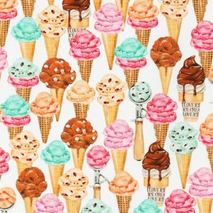 May include: A repeating pattern of watercolor ice cream cones in various colors, including pink, brown, and mint green. Some cones have chocolate sauce dripping down. The text "I LOVE ICE CREAM" is visible on some cones. The cones are on a white background.