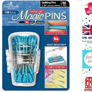 Taylor Seville Magic Pins, 50 Quilting Pins 1 3/4" (0.5mm x 48mm) Fine size, Comfort Grip Handles, Heat resistant, with storage case
