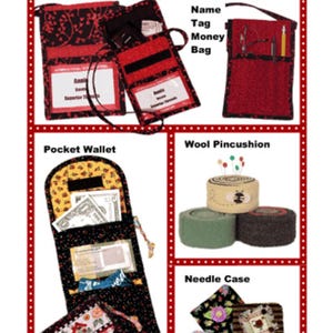 May include: A product display sheet titled Gifts for Quilters by Patterns by Annie. It features a Name Tag Money Bag, a Pocket Wallet, a Wool Pincushion with pins, and a Needle Case. The items are shown in various fabric patterns including black, red, green, and floral prints.