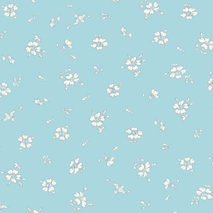 May include: A seamless pattern of small white flowers on a light blue background. The flowers are arranged in a random pattern and are surrounded by small green leaves.